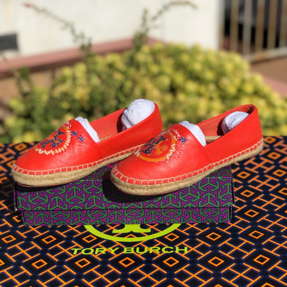 Tory Burch Coral Leather Embroidered Daley Espadrille Flats